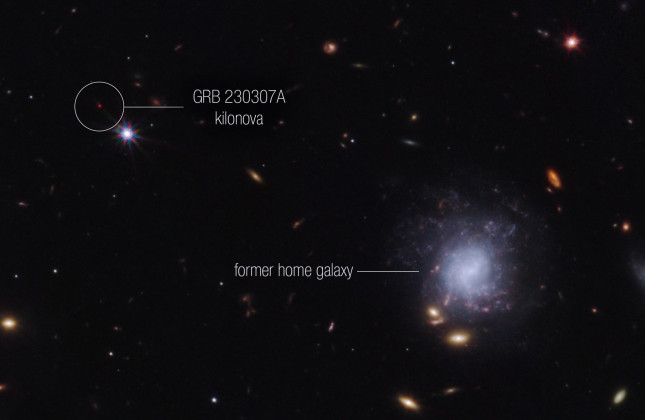 Image obtained with the James Webb Space Telescope of the bright gamma-ray burst GRB230307A. (c) NASA, ESA, CSA, Andrew Levan