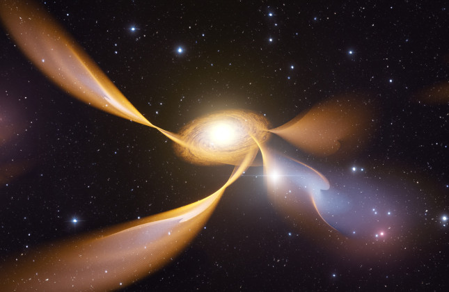 Artist's impression of filaments of gas flowing toward the accretion disk of 3C 84. (c) Luca Oosterloo (whoislvca.com)