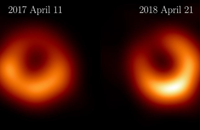 Het zwarte gat van M87 in 2017 en in 2018 (klik voor groter). (c) EHT Collaboration