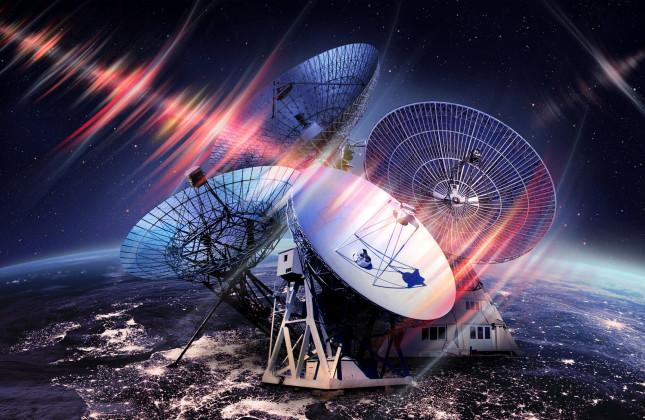 Four radio telescopes collected many bright fast radio bursts from one repeating source – many more than expected. Illustration: Daniëlle Futselaar/artsource.nl