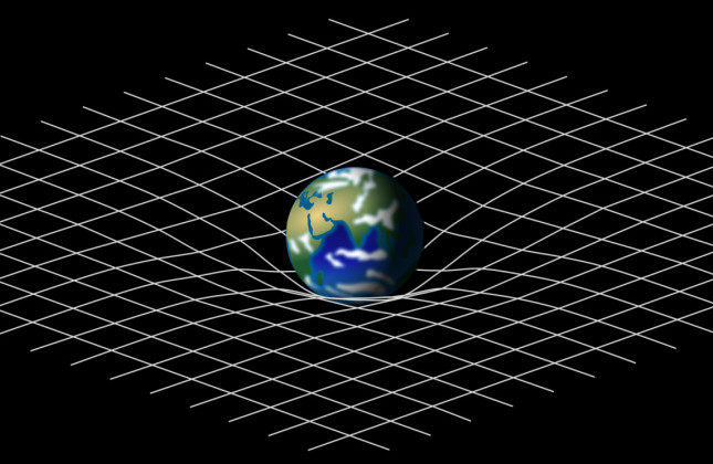 Artistieke impressie van de gekromde ruimtetijd. (c) Mysid (via Wikimedia, CC BY-SA 3.0)