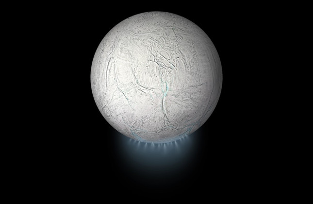 Artistieke weergave van waterpluimen op Enceladus, een maan van Saturnus. (c) NASA/JPL-Caltech