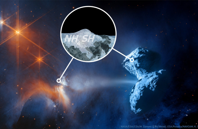 Composite image of a star-forming region (left) and Comet 67P (right). (c) NASA/ESA/CSA/M. Zamani (ESA/Webb); ESA/Rosetta/NAVCAM; K. Slavicinska