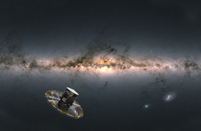 Impressie van de Gaia-satelliet met op de achtergrond het centrum van de Melkweg. (c) ESA