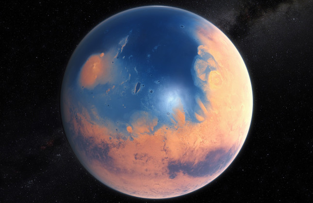 Artistieke weergave van de planeet Mars, 4 miljard jaar geleden toen er waarschijnlijk water was. (c) ESO/M. Kornmesser/N. Risinger (skysurvey.org) 