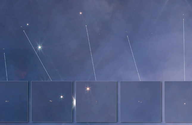 Vijf van de veertig dubbele stipjes die door de James Webb-ruimtetelescoop zijn waargenomen. (c) NASA/ESA/CSA/Mark McCaughrean/Sam Pearson 