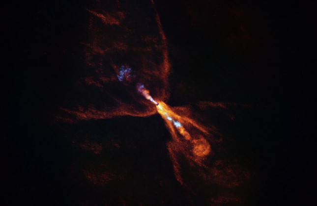 HOPS-315, een babyster waarbij astronomen bewijs hebben ontdekt voor de vroegste stadia van planeetvorming. Credit: ALMA(ESO/NAOJ/NRAO)/M. McClure et al.