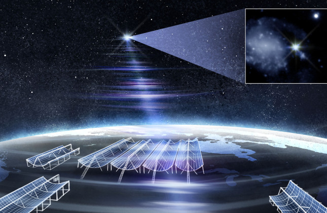 Artistieke weergave van CHIME/FRB en de ‘outrigger’-telescopen die FRB 20250316A/RBFLOAT hebben gelokaliseerd. Credit: Daniëlle Futselaar/MMT Observatorium