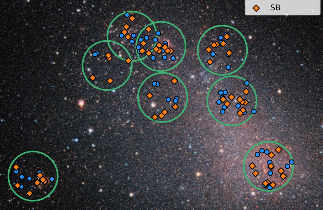 Zware sterren (rode ruitjes) in de Kleine Magelhaense Wolk. (c) ESO/Sana et al. 
