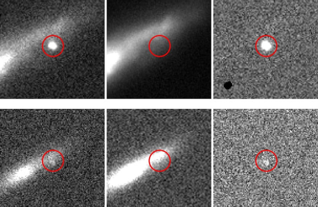 Een plotselinge verandering aan de nachthemel (door bijvoorbeeld een supernova-explosie) gezien door verschillende observatoria. Links het nieuwe beeld, midden het oude beeld, en rechts de 'verschilafbeelding'. (c) Fiorenzo Stoppa et al.