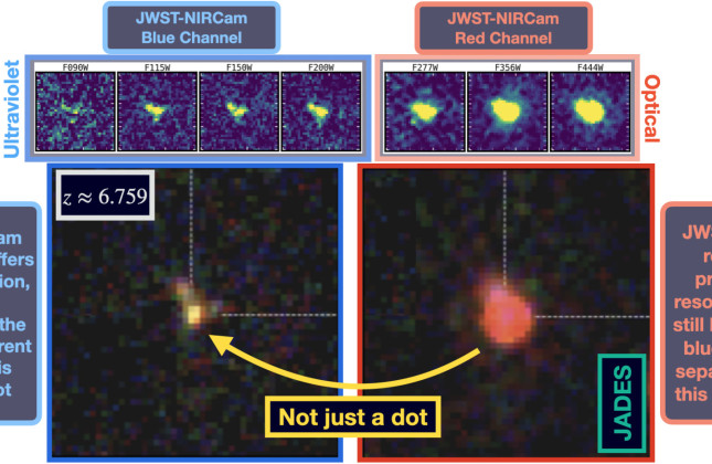 Een Little Red Dot in het vroege heelal, spectroscopisch bevestigd bij z = 6,759 (toen het heelal 800 miljoen jaar oud was), waargenomen met NIRCam in het GOODS-North-veld. Credit: P. Rinaldi, JADES, NASA