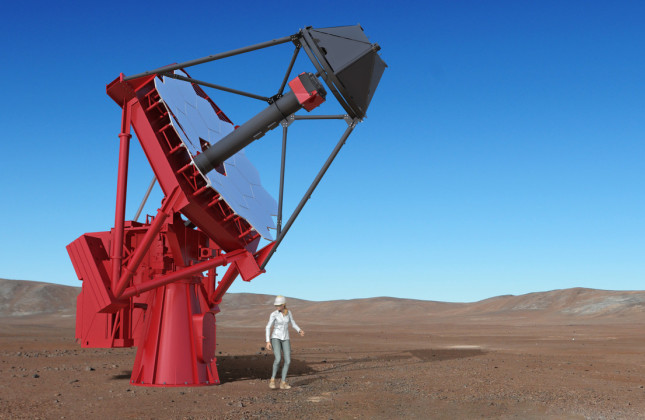 Artistieke weergave van een van de toekomstige zogeheten Small-Sized Telescopes van CTAO waar de hogesnelheidscamera’s op worden geplaatst. Credit: Gabriel Pérez Diaz, IAC