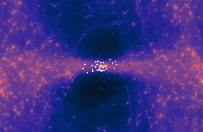 Beeld uit de simulatie die laat zien dat de Melkweg samen met het Andromeda-stelsel (de twee oranje gebieden in het midden) in een langgerekte platte structuur zitten. De witte punten zijn sterrenstelsels in de buurt. (c) Wempe et al.