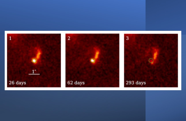 Supernova ‘SN 2024aihh’ gezien door ruimtetelescoop Hubble, respectievelijk 26, 62 en 293 dagen nadat de eerste röntgenflits werd waargenomen. (c) Van Hoof et al.