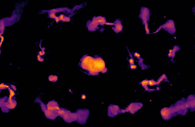 Een selectie van radiostructuren (radio lobes in het Engels),  aangedreven door superzware zwarte gaten. Credit: Maya Horton en de LOFAR-surveys-samenwerking.