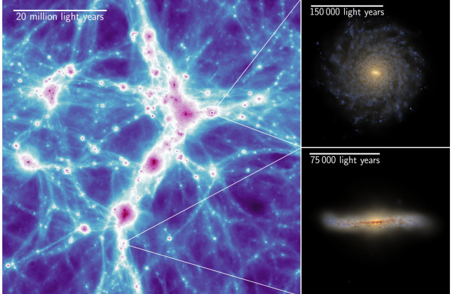 Afbeeldingen uit de COLIBRE-simulaties. De visualisatie links toont het zogenoemde kosmische web, waarbij de kleur de dichtheid van gas en sterren weergeeft. De afbeeldingen rechts zoomen in op twee gesimuleerde sterrenstelsels. (c) Schaye et al. (2026)