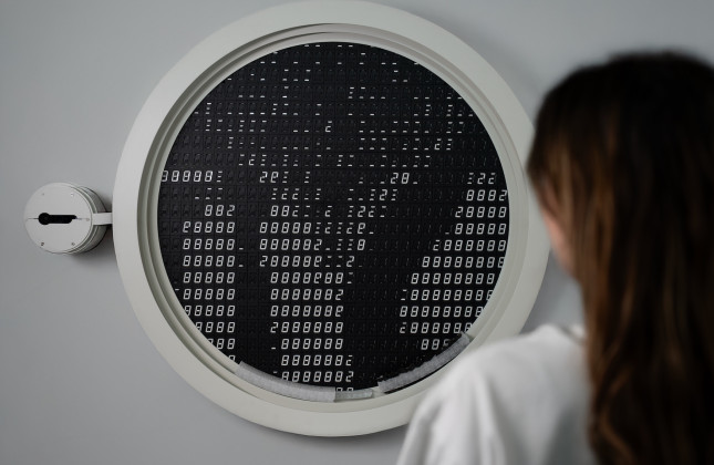 De installatie die uitrekent wat de kans is dat iemand bestaat. (c) Woven