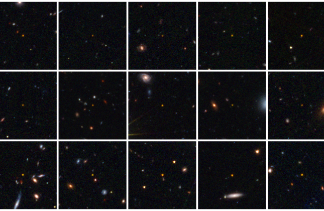 15 van de 31 verre quasars die Euclid ontdekte (de stipjes in het midden van iedere afbeelding). (c) ESA/Euclid/Euclid Consortium/NASA, image processing by the Euclid Science Ground Segment and Antoine Basset (CNES)
