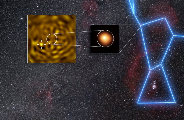 VLT-opnamen van Betelgeuze en zijn begeleider Credit: (ESO/M. Montargès et al. Achtergrond: N. Rissinger (skysurvey.org)