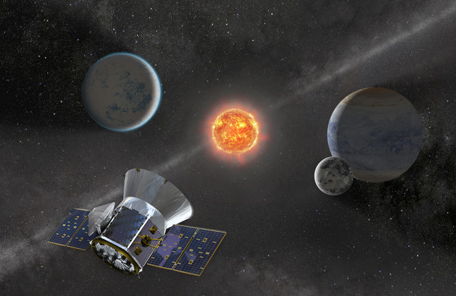 Artistieke weergave van de TESS-ruimtetelescoop die sinds 2018 exoplaneten in kaart brengt. (c) NASA