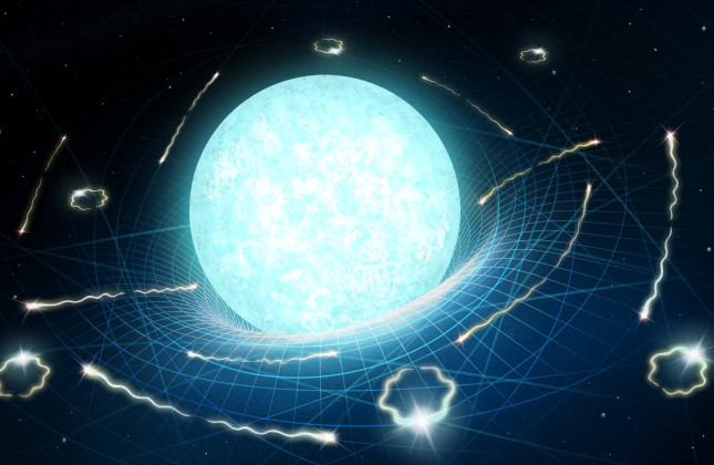 Artistieke weergave van een neutronenster die heel langzaam ‘verdampt als gevolg van Hawking-achtige straling. © Daniëlle Futselaar/artsource.nl