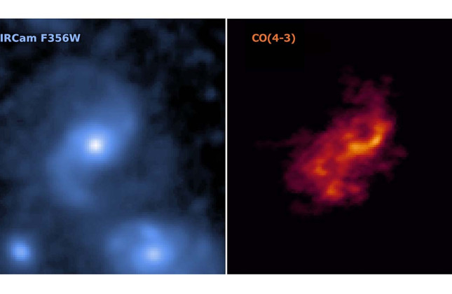 Het verre balkspiraalstelsel J0107a, links gezien door de Webb-telescoop, rechts door ALMA. © NASA/ALMA(ESO/NAOJ/NRAO