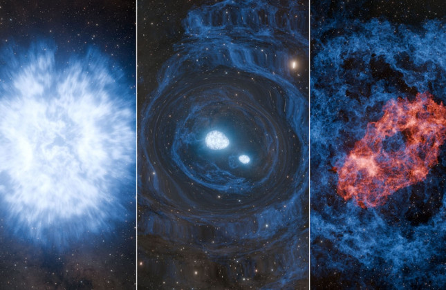 Artist’s impression van een zogeheten superkilonova: een zware ster die ontploft en daarbij twee neutronensterren vormt. © Caltech/K. Miller and R. Hurt (IPAC)