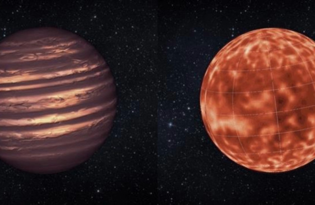 Links: artist’s impression van de lang gekoesterde opvatting dat bruine dwergen qua uiterlijk op Jupiter lijken. Rechts: model van de atmosferische circulatie op super-Jupiter VHS 1256B. © NASA/JPL-Caltech