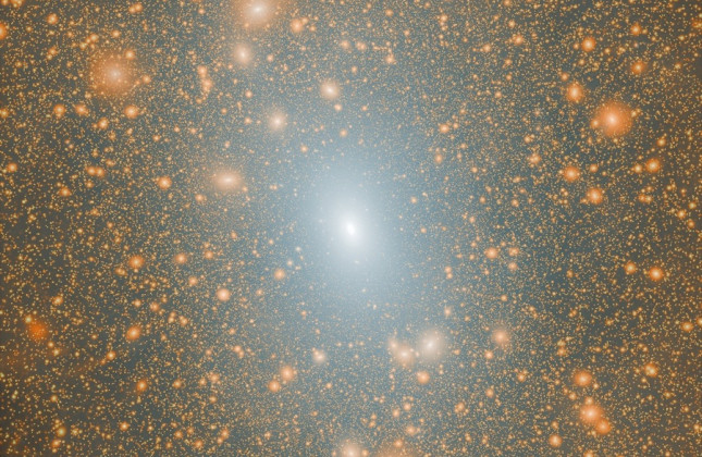 De verdeling van de donkere materie in de halo van een sterrenstelsel met de massa van onze Melkweg in een computersimulatie op basis van het kosmologische standaardmodel. © The Aquarius Simulation, The Virgo Consortium/Dr Mark Lovell.