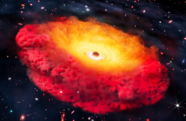 Artist’s impression van CAPERS-LRD-z9, het moederstelsel van het verst bekende zwarte gat, dat waarschijnlijk in een dichte gaswolk is gehuld, die het stelsel rood doet kleuren. © Erik Zumalt/The University of Texas at Austin