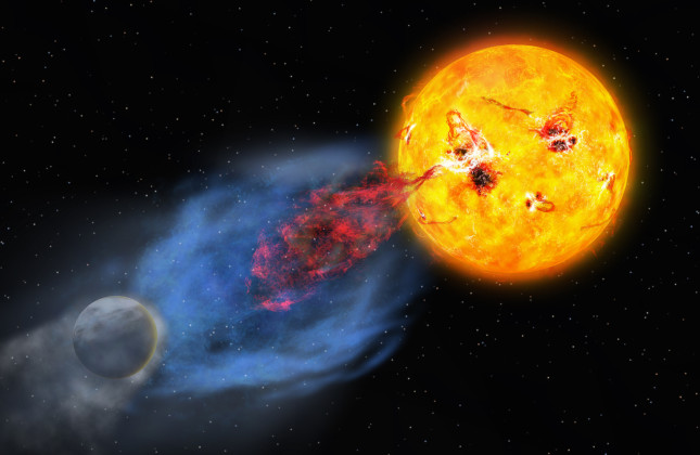 Artistieke weergave van een coronale massa-ejectie van de ster EK Draconis. De hetere en snellere uitbarsting is weergegeven in blauw, de koelere en langzamere uitbarsting in rood. © NAOJ