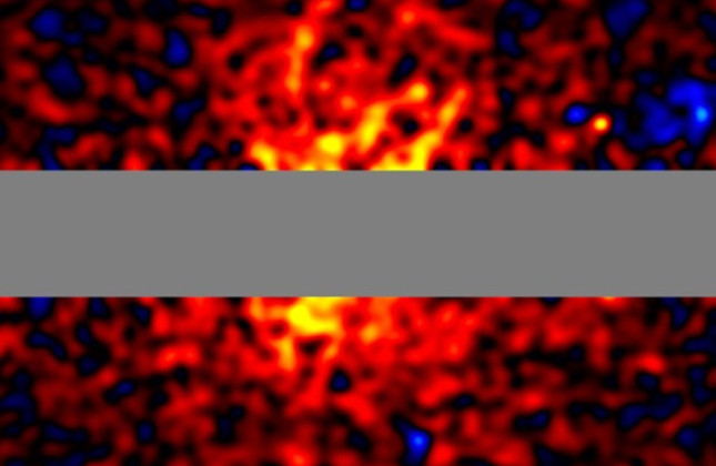 Kaart van de gammastralingintensiteit, exclusief componenten buiten de halo, die zich uitstrekt over ongeveer 100 graden in de richting van het Melkwegcentrum. © Tomonori Totani, The University of Tokyo