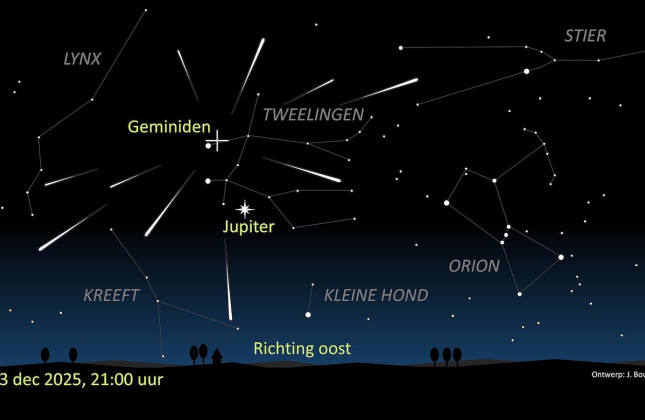 Kaart van de hemel met daarop aangegeven de richting waaruit de meteoren van de Geminiden komen.  © J. Bout