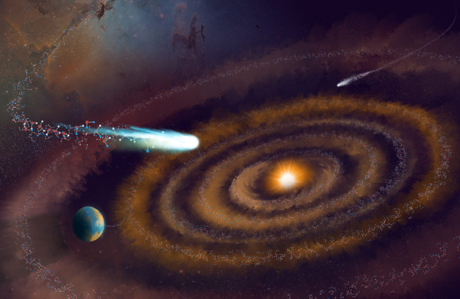 Zwaar water in een planeetvormende schijf kan via kometen op planeten zoals de aarde terechtkomen. © NSF/AUI/NSF NRAO/P. Vosteen, B. Saxton