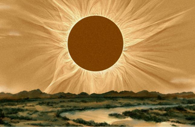 Artists’s impression van een oude totale zonsverduistering. © Kano Okada, Nagoya University (Based on an image by Phil Hart: https://apod.nasa.gov/apod/ap240402.html)