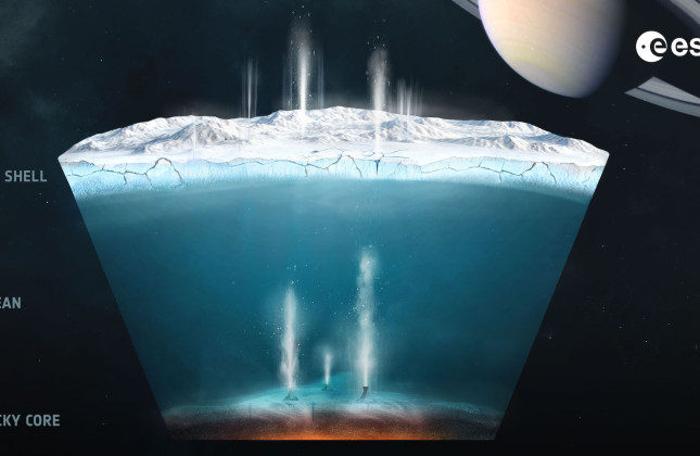Artist’s impression van de ijsfonteinen op Saturnusmaan Enceladus, gebaseerd op gegevens van de Cassini/Huygens-missie van NASA en ESA. © ESA