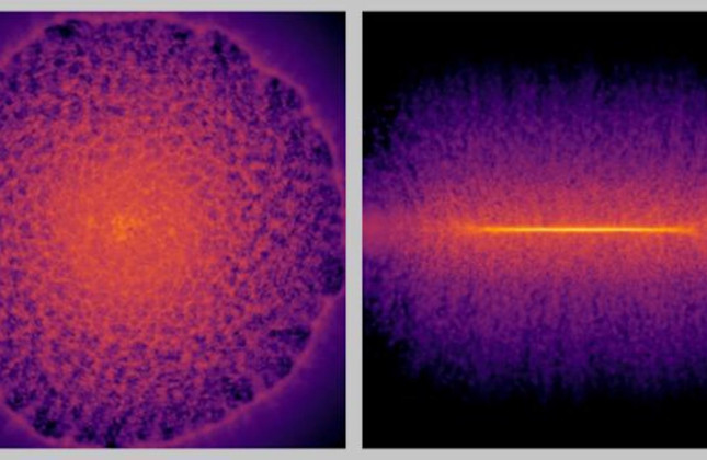 Frontale (links) en zijdelingse (rechts) momentopname van een galactische schijf. Ze zijn gegenereerd met een deep learning-surrogaatmodel. © RIKEN
