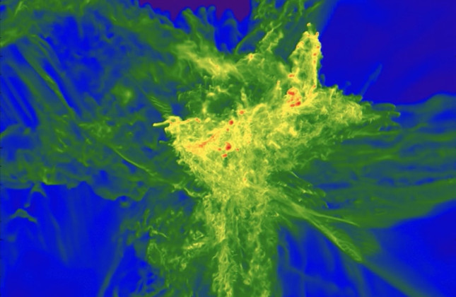 Deze gesimuleerde afbeelding toont het ontstaan van een oer-quasar oftewel buitengewoon helder zwart gat, dat mogelijk werd gemaakt door een van de reusachtige sterren in het vroege heelal. © Nandal et al