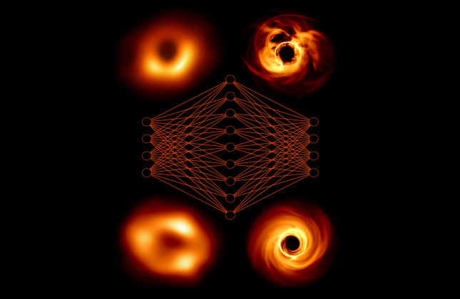 Artistieke weergave van een neuraal netwerk dat waarnemingen (links) verbindt met modellen (rechts). © EHT Collaboration/Janssen et al.