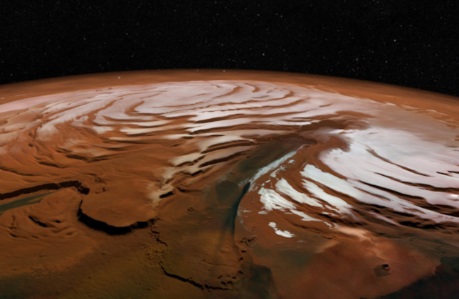 Blik op de noordpool van Mars, gebaseerd op opnamen van de Europese Mars Express-orbiter en hoogtemetingen van de inmiddels ter ziele gegane Mars Global Surveyor van NASA. © ESA/DLR/FU Berlin/NASA MGS MOLA Science Team.