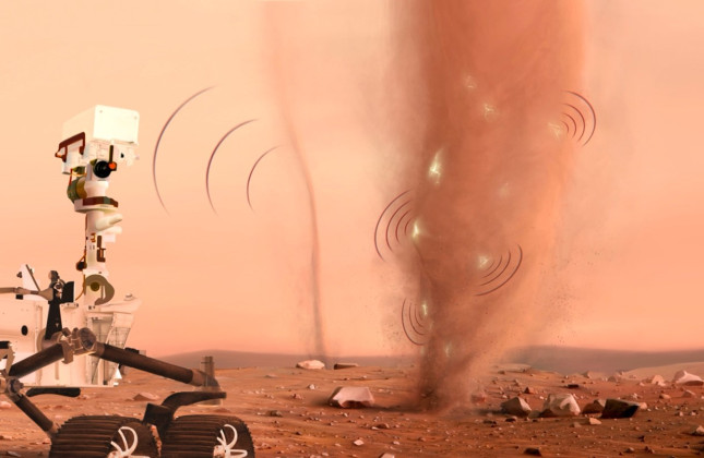 Artist’s impression van de detectie van elektrische ontladingen in stofhozen door het SuperCam-instrument aan boord van de Perseverance-rover op Mars. © Nicolas Sarter
