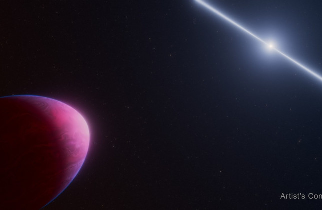 Artist’s impression van de exoplaneet PSR J2322-2650b (links) die om een snel rondtollende neutronenster – een zogeheten pulsar – draait  (rechts) © NASA, ESA, CSA, Ralf Crawford (STScI)