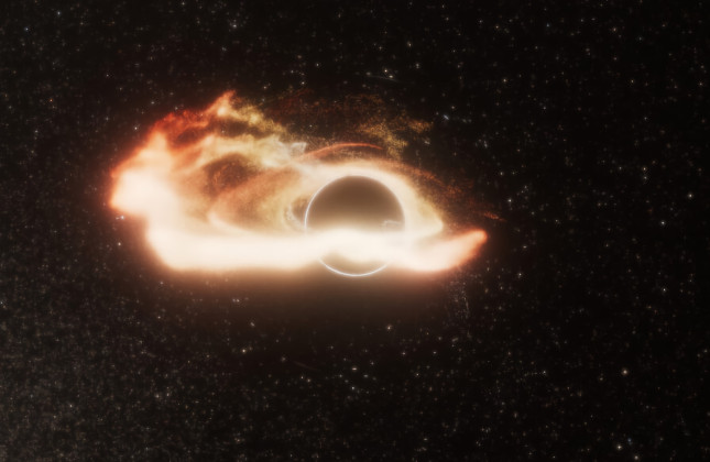 Artist’s impression van een tidal disruption event (TDE), waarbij een ster door een zwart gat wordt ‘gespaghettificeerd’ en zijn restanten een accretieschijf rond het zwarte gat vormen. © NASA, ESA, STScI, Ralf Crawford (STScI)