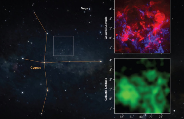 Deze opnamen tonen de locatie van het CO-donkere moleculaire gas in het sterrenbeeld Zwaan. © NSF/AUI/NSF NRAO/P.Vosteen