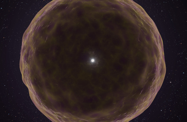 Artistieke impressie van supernova 2021yfj. Vóór zijn explosie stootte de ster materie uit die rijk was aan silicium (grijs), zwavel (geel) en argon (paars). © 