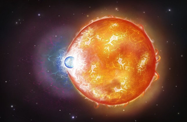 Impressie van de hete stellaire fusie waaruit de ultra-zware witte dwerg WD 0525+526 zou zijn voortgekomen. © Snehalata Sahu/University of Warwick