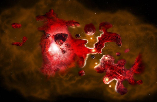 Artist’s impression van het vroege sterrenstelsel CRISTAL-13. Stofrijke gebieden onttrekken pasgeboren sterren aan het zicht.  © NSF/AUI/NRAO/B. Saxton