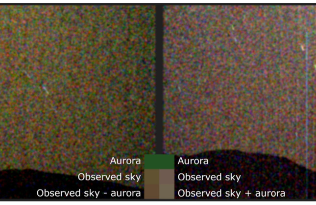 De eerste afbeelding in zichtbaar licht van een groene aurora op Mars (links), vastgelegd door Marsrover Perseverance. Rechts een opname zonder aurora, maar mét lichtsporen van het maantje Deimos. © NASA/JPL-Caltech/ASU/MSSS/SSI