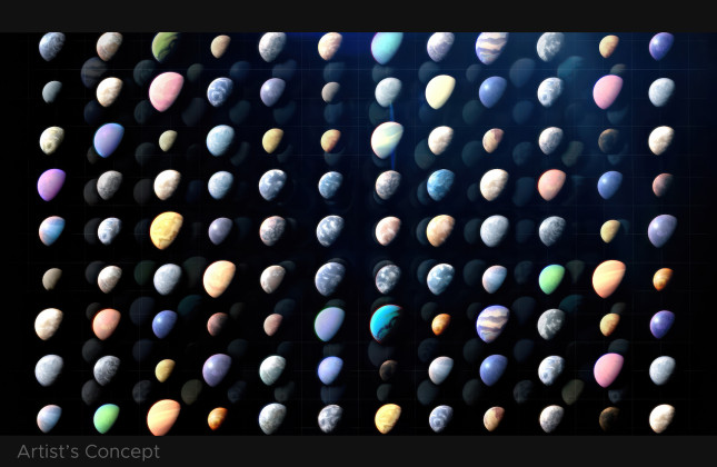 Artist’s impression van ruim honderd exoplaneten die in ons Melkwegstelsel zijn ontdekt. Ze vertonen een grote variëteit. © NASA’s Goddard Space Flight Center