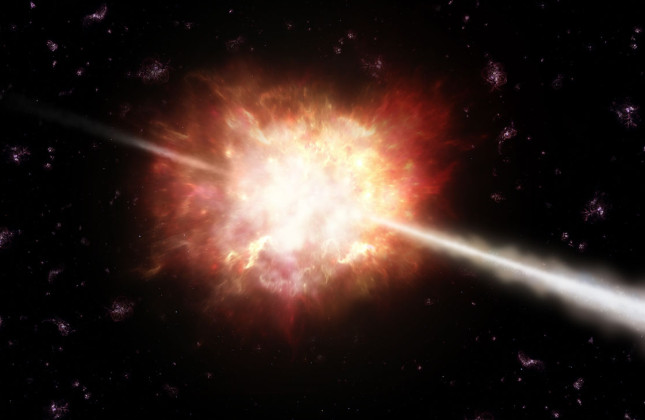 Artistieke weergave van een exploderende ster met gammaflits. © ESO/A. Roquette